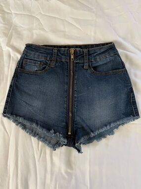 Crave Fame Dark Blue High-Rise Zip-Front Frayed Denim Shorts
